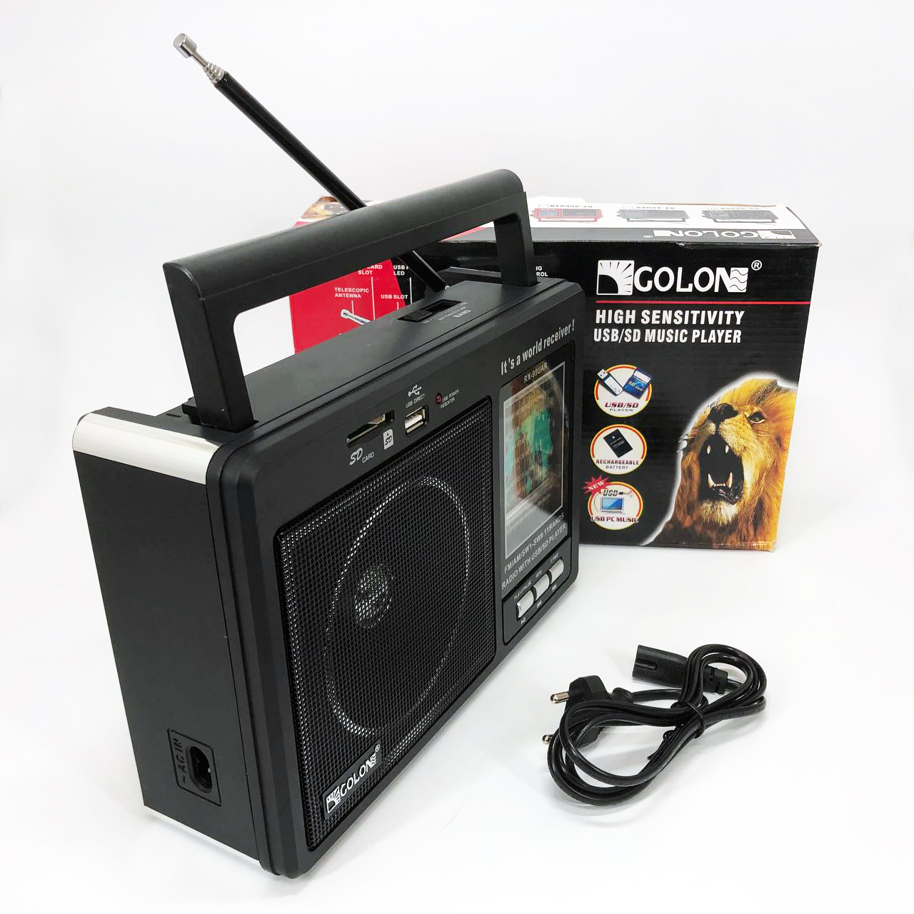 Портативный радиоприемник GOLON RX-99/3920 аккумуляторный FM/AM/SW с воспроизведением USB/MicroSD