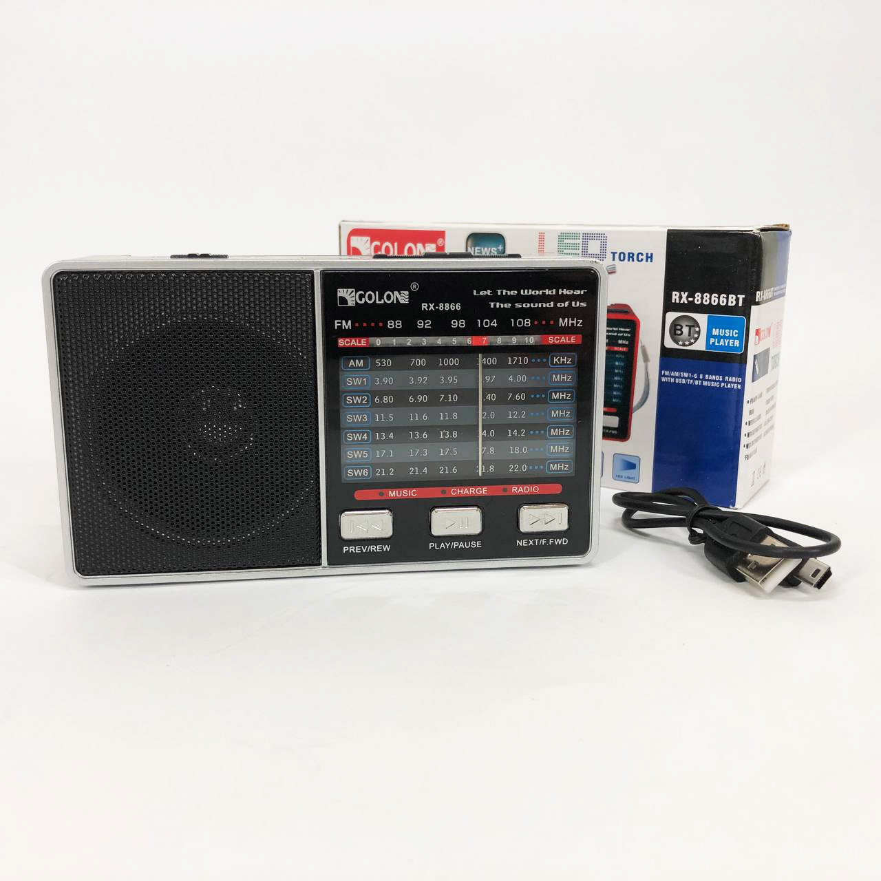 Радио GOLON RX-8866 цифровой портативный радиоприемник с фонариком функцией PowerBank. Цвет: белый