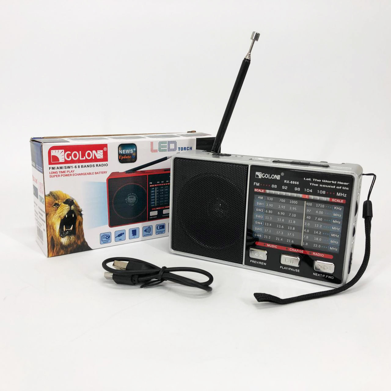 Радио GOLON RX-8866 цифровой портативный радиоприемник с фонариком функцией PowerBank. Цвет: белый