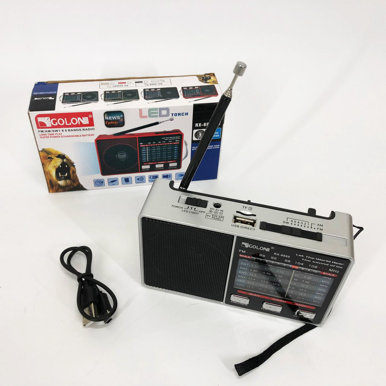 Радио GOLON RX-8866 цифровой портативный радиоприемник с фонариком функцией PowerBank. Цвет: белый
