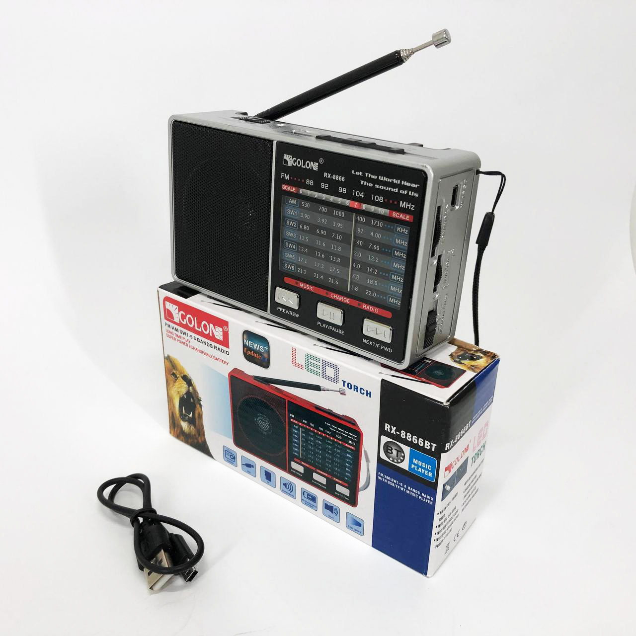 Радио GOLON RX-8866 цифровой портативный радиоприемник с фонариком функцией PowerBank. Цвет: белый
