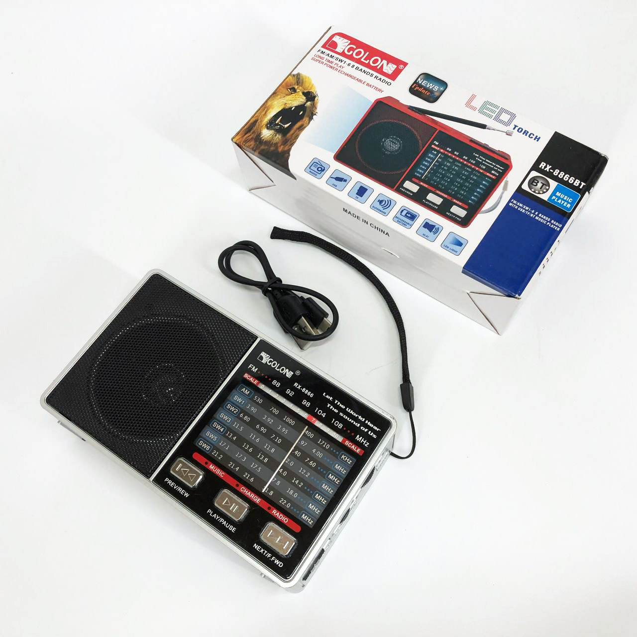 Радио GOLON RX-8866 цифровой портативный радиоприемник с фонариком функцией PowerBank. Цвет: белый