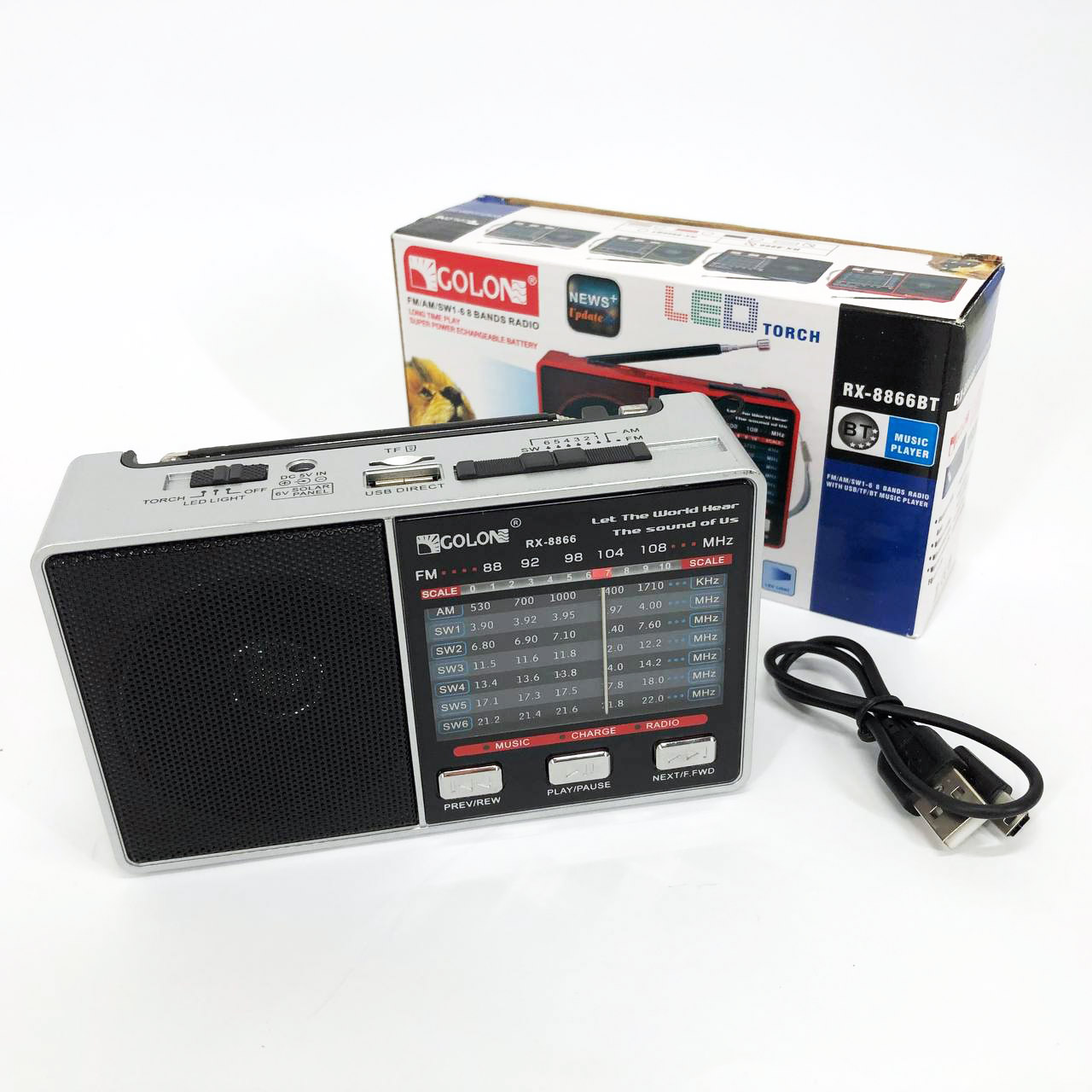 Радио GOLON RX-8866 цифровой портативный радиоприемник с фонариком функцией PowerBank. Цвет: белый
