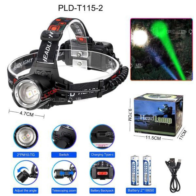 Фонарь налобный PLD-T115-2PM10-TG(white+green), Мощный фонарик светодиодный на голову, для бега