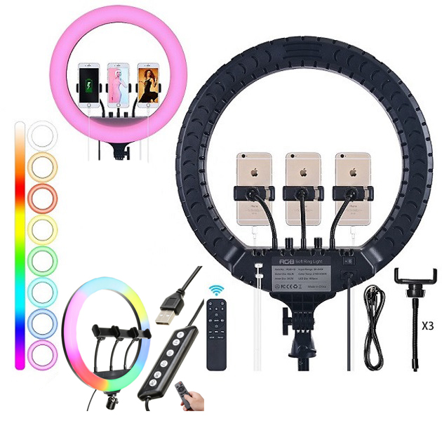 Кольцевая LED лампа RGB MJ45 Ring 45cm комплектация адаптер со встроенным кабелем, держатели для телефона, пульт