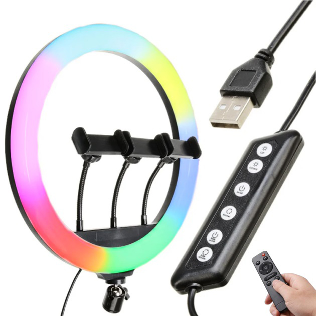 Кольцевая LED лампа RGB MJ45 Ring 45cm комплектация адаптер со встроенным кабелем, держатели для телефона, пульт