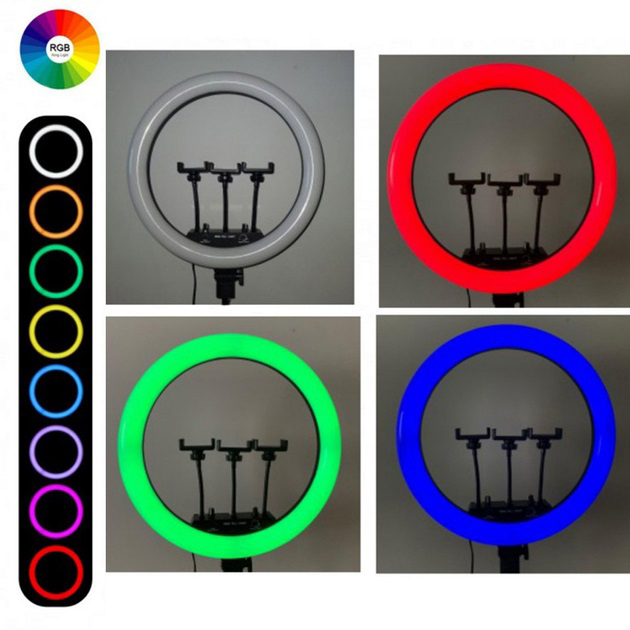 Кольцевая LED лампа RGB MJ45 Ring 45cm комплектация адаптер со встроенным кабелем, держатели для телефона, пульт