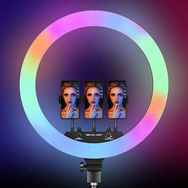 Кольцевая LED лампа RGB MJ45 Ring 45cm комплектация адаптер со встроенным кабелем, держатели для телефона, пульт