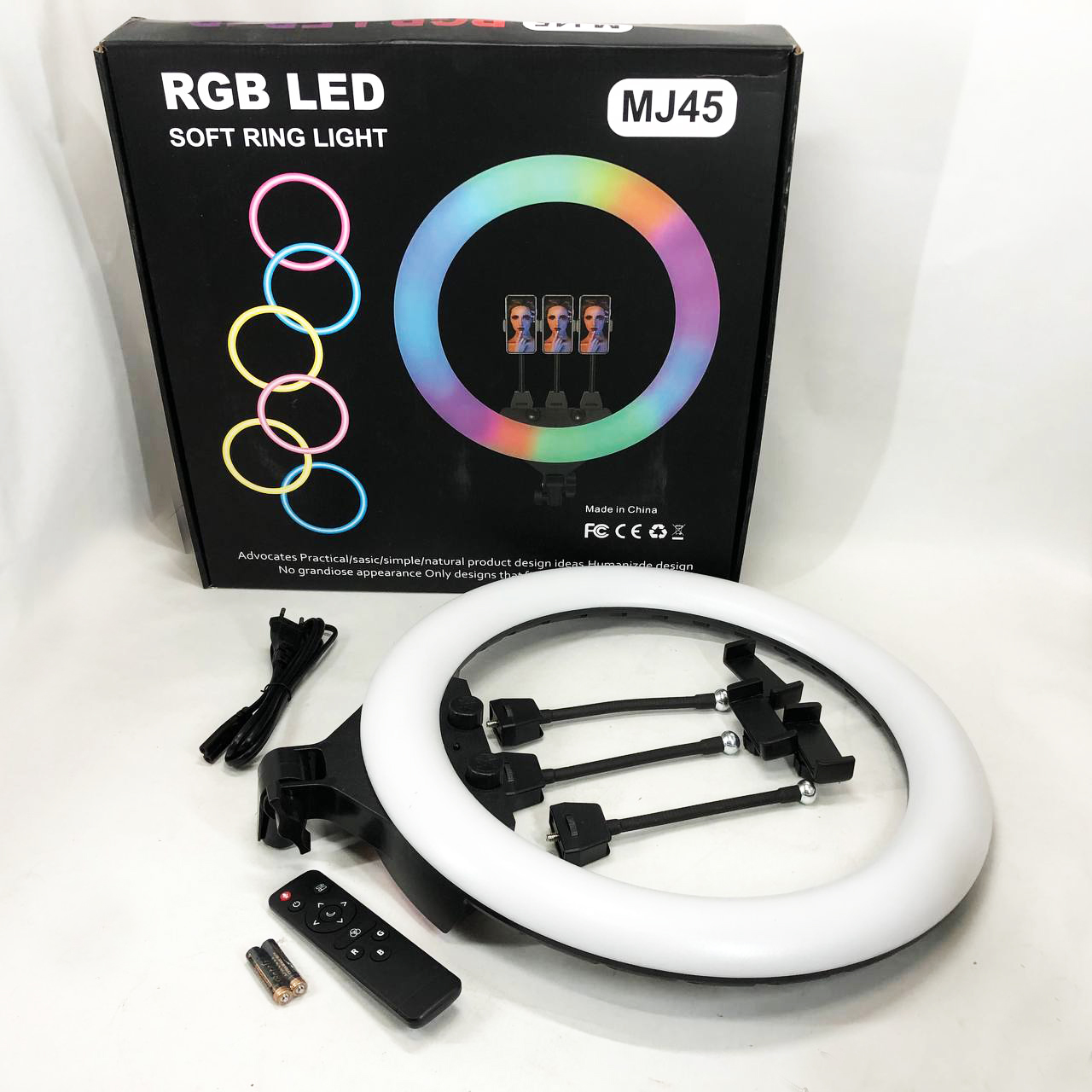Кольцевая LED лампа RGB MJ45 Ring 45cm комплектация адаптер со встроенным кабелем, держатели для телефона, пульт