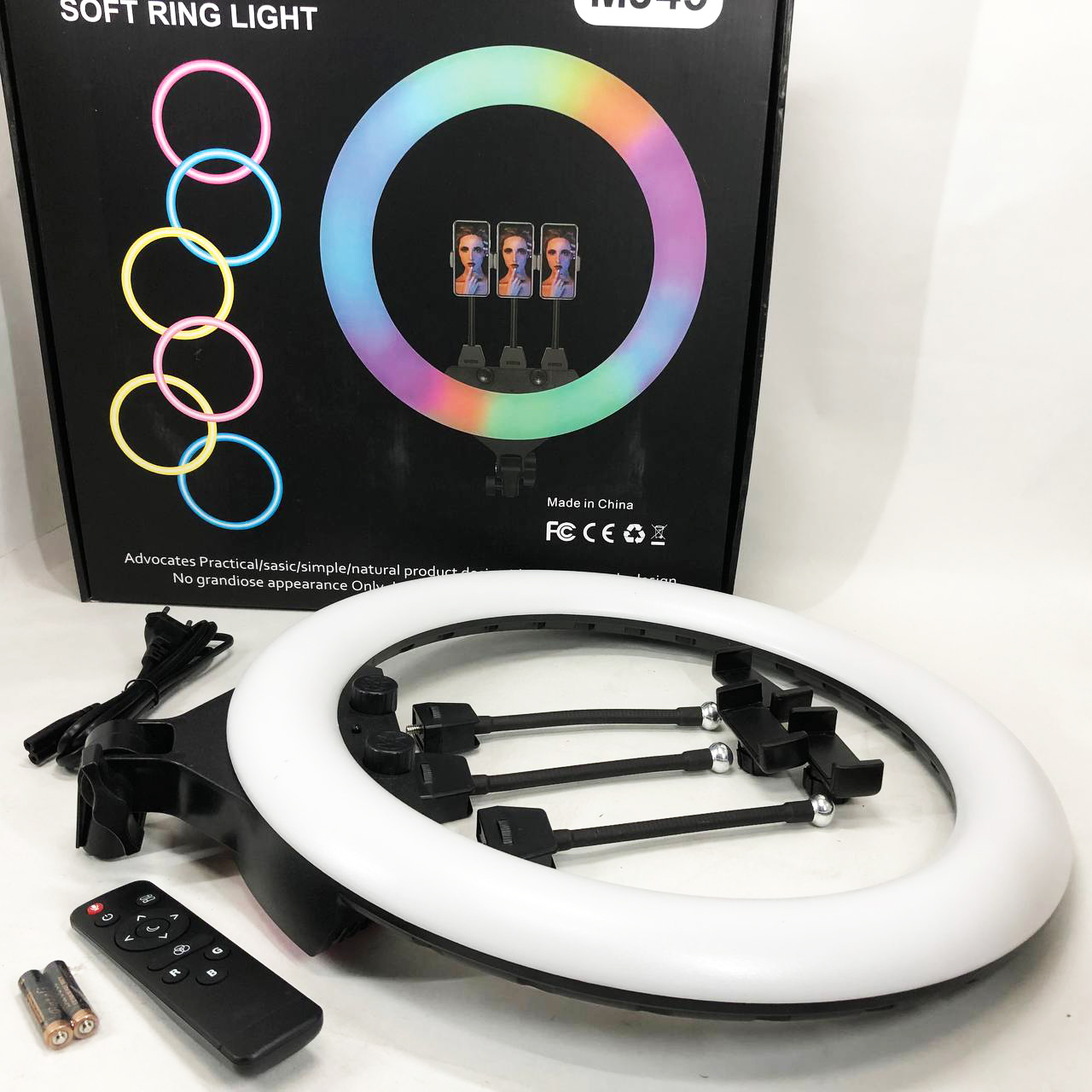 Кольцевая LED лампа RGB MJ45 Ring 45cm комплектация адаптер со встроенным кабелем, держатели для телефона, пульт