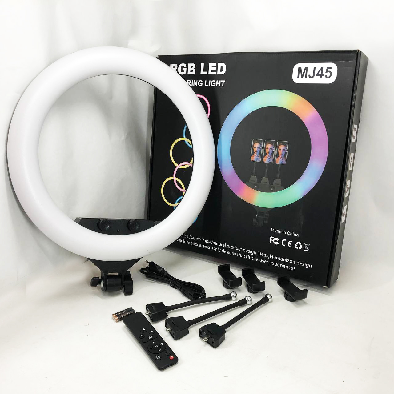 Кольцевая LED лампа RGB MJ45 Ring 45cm комплектация адаптер со встроенным кабелем, держатели для телефона, пульт