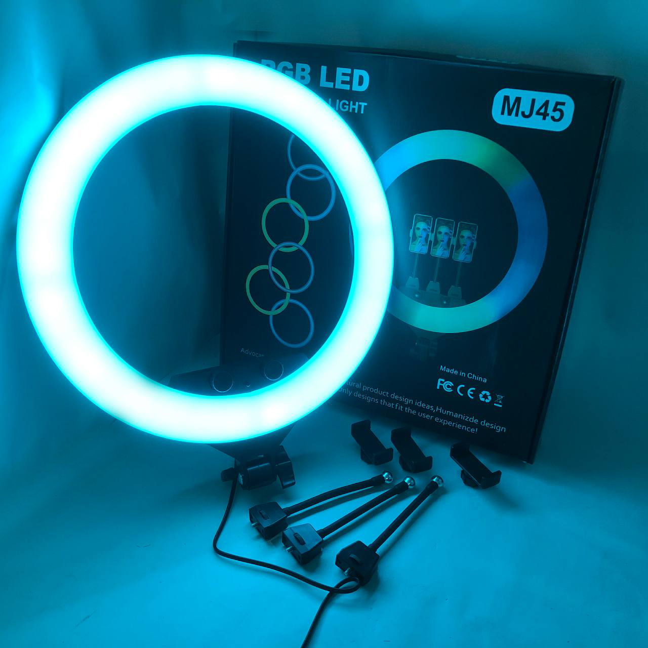 Кольцевая LED лампа RGB MJ45 Ring 45cm комплектация адаптер со встроенным кабелем, держатели для телефона, пульт