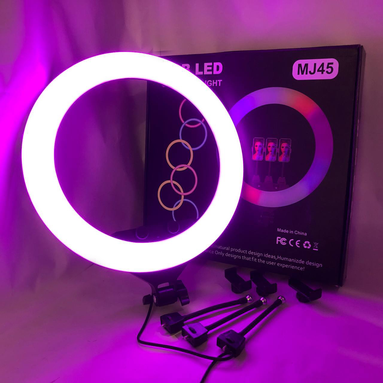 Кольцевая LED лампа RGB MJ45 Ring 45cm комплектация адаптер со встроенным кабелем, держатели для телефона, пульт
