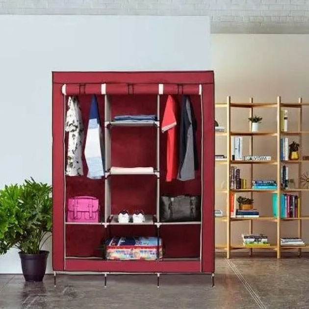 Шкаф тканевый 3 секции складной с каркасом STORAGE WARDROBE 175 х 130 х 45 см. Цвет: красный