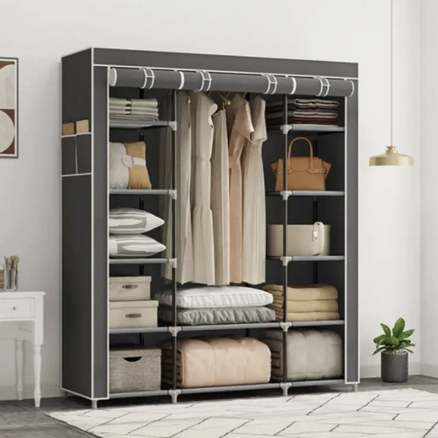 Шкаф тканевый 3 секции складной с каркасом STORAGE WARDROBE 175 х 130 х 45 см. Цвет: серый