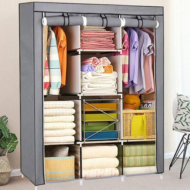 Шкаф тканевый 3 секции складной с каркасом STORAGE WARDROBE 175 х 130 х 45 см. Цвет: серый