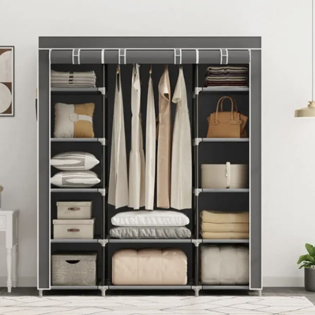 Шкаф тканевый 3 секции складной с каркасом STORAGE WARDROBE 175 х 130 х 45 см. Цвет: серый