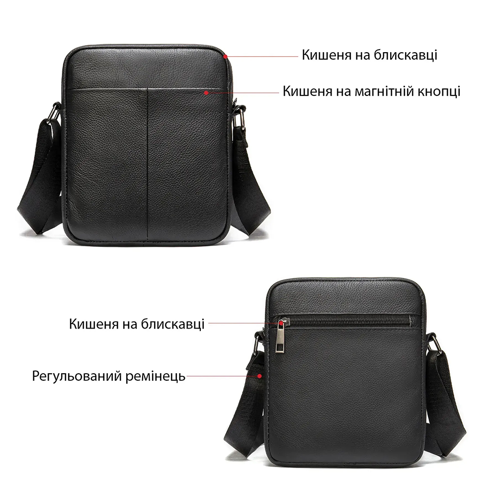 Мужская кожаная сумка мессенджер компактная черная из натуральной кожи флотар