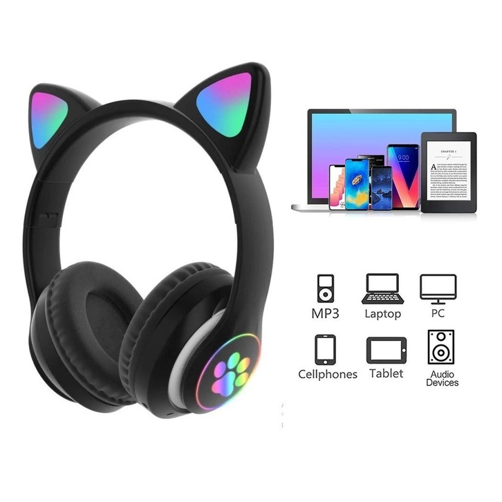 Беспроводные наушники с кошачьими ушками и RGB подсветкой Cat VZV 23M. Цвет: черный