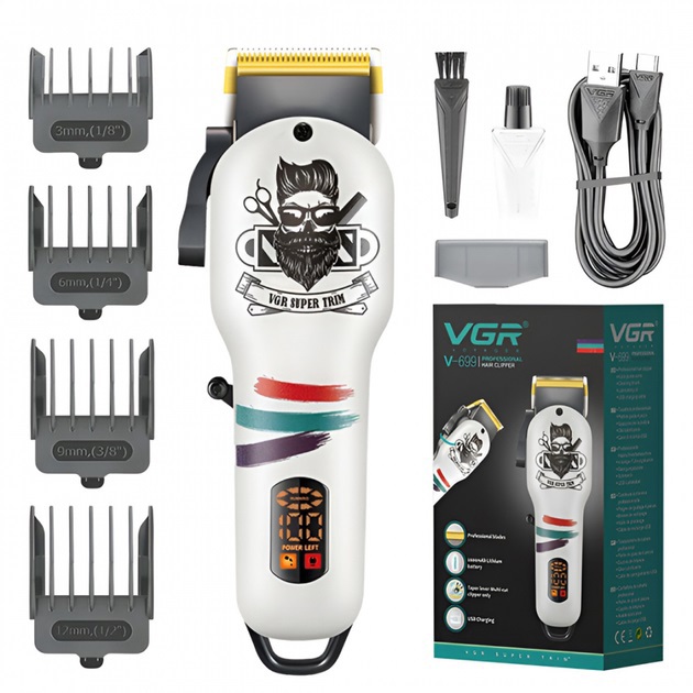 Машинка для стрижки волос и бороды профессиональная VGR V-699 с насадками и LED дисплеем. Цвет: белый