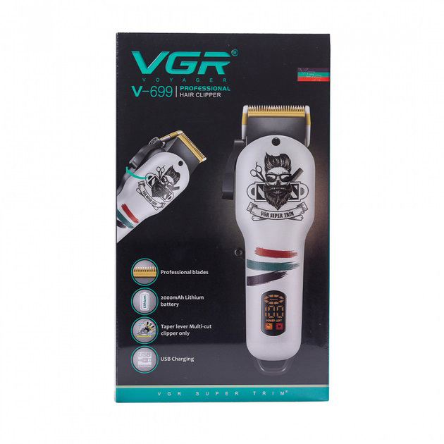 Машинка для стрижки волос и бороды профессиональная VGR V-699 с насадками и LED дисплеем. Цвет: белый