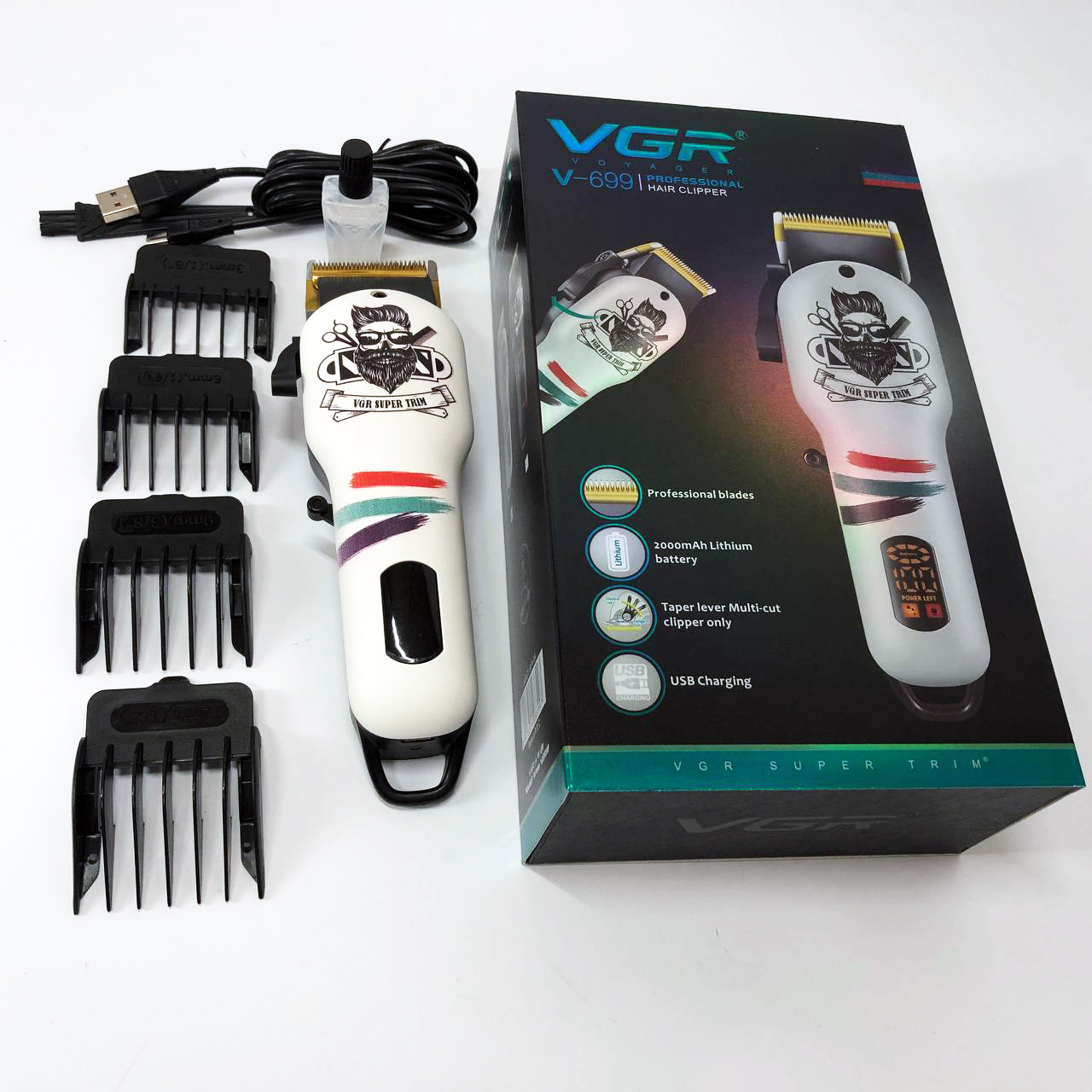 Машинка для стрижки волос и бороды профессиональная VGR V-699 с насадками и LED дисплеем. Цвет: белый