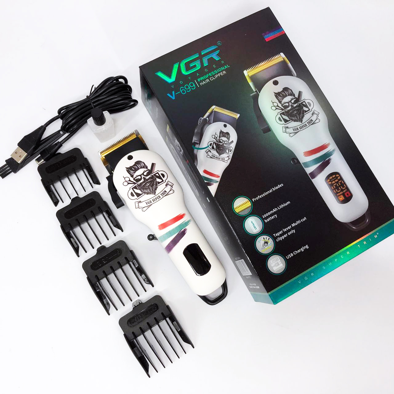 Машинка для стрижки волос и бороды профессиональная VGR V-699 с насадками и LED дисплеем. Цвет: белый