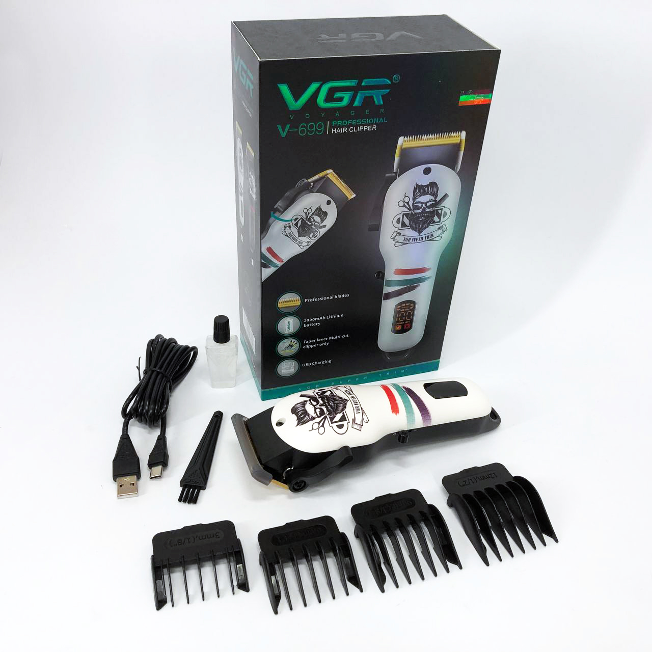 Машинка для стрижки волос и бороды профессиональная VGR V-699 с насадками и LED дисплеем. Цвет: белый