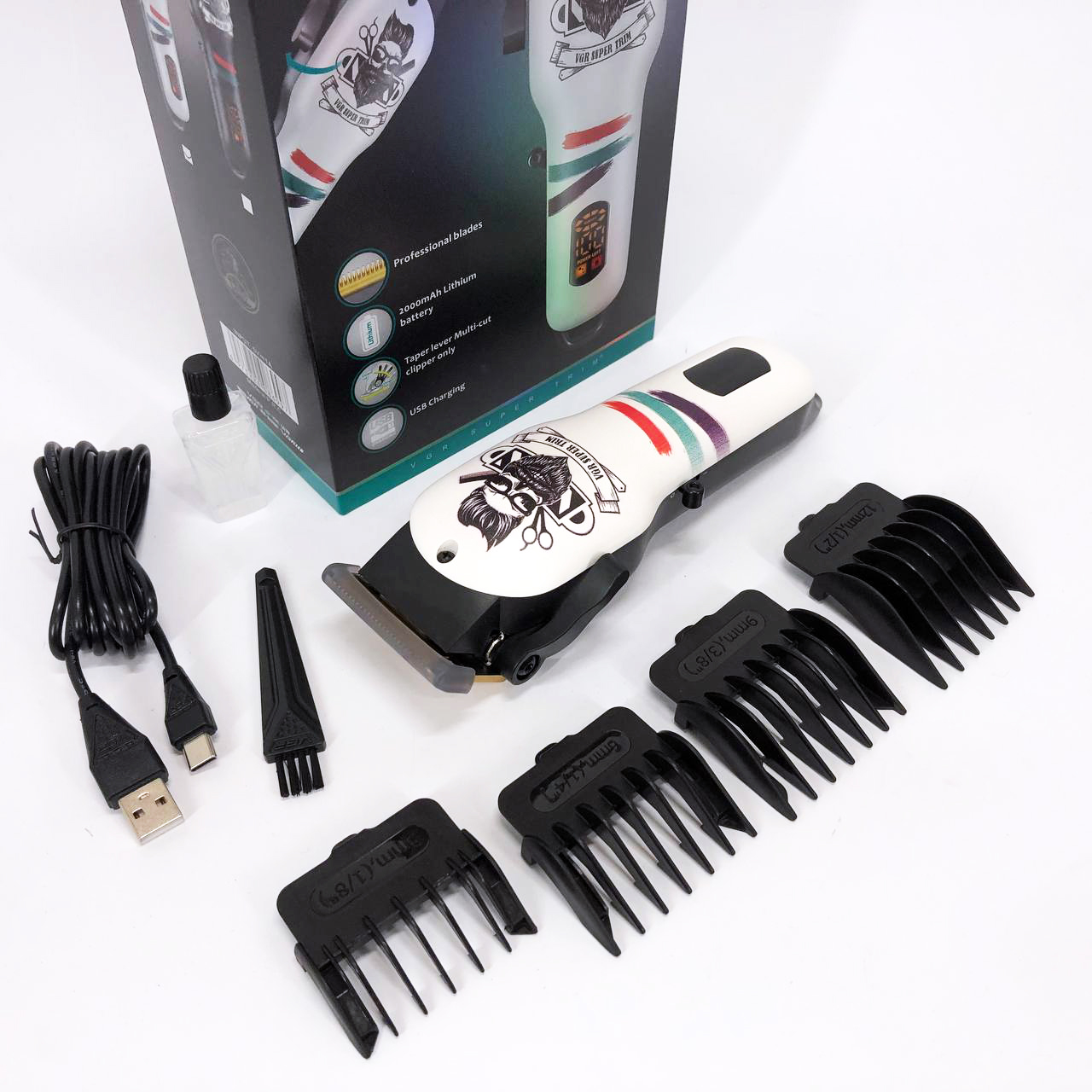 Машинка для стрижки волос и бороды профессиональная VGR V-699 с насадками и LED дисплеем. Цвет: белый