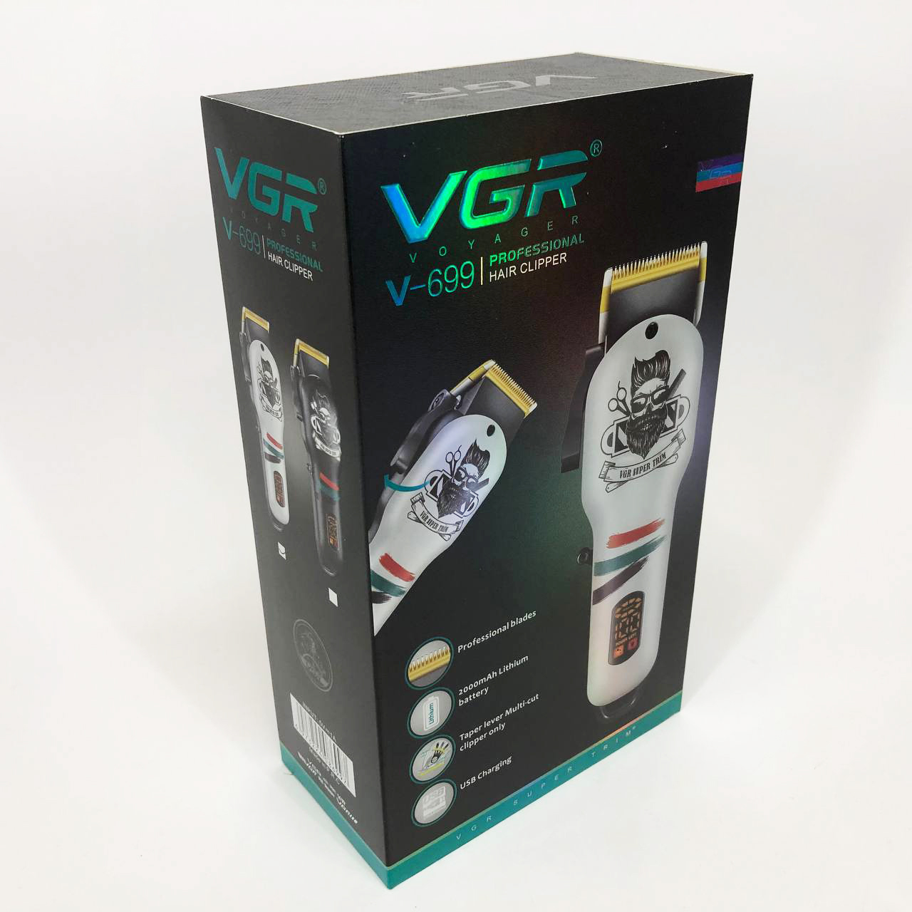 Машинка для стрижки волос и бороды профессиональная VGR V-699 с насадками и LED дисплеем. Цвет: белый