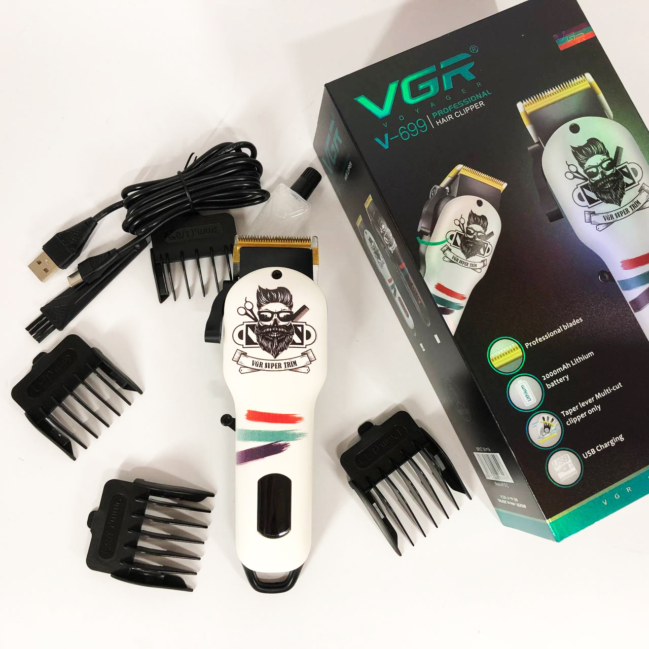 Машинка для стрижки волос и бороды профессиональная VGR V-699 с насадками и LED дисплеем. Цвет: белый