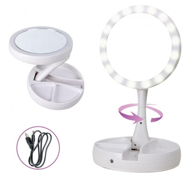 Складное зеркало для макияжа с Led подсветкой круглое увеличительное 10x My Fold Away Mirror. Цвет: белый