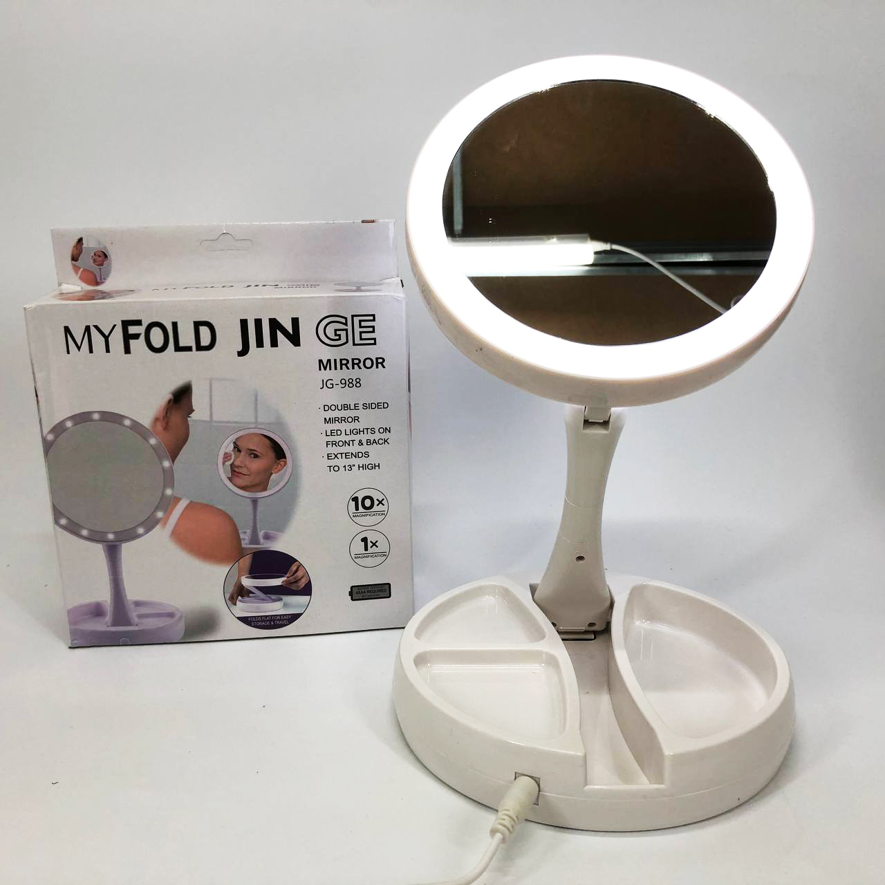 Складное зеркало для макияжа с Led подсветкой круглое увеличительное 10x My Fold Away Mirror. Цвет: белый