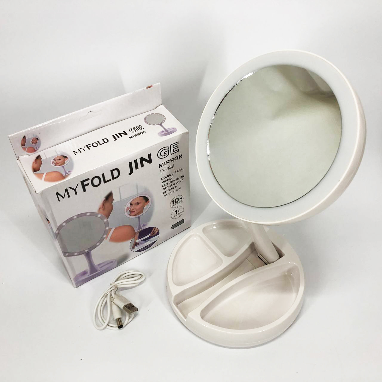 Складное зеркало для макияжа с Led подсветкой круглое увеличительное 10x My Fold Away Mirror. Цвет: белый