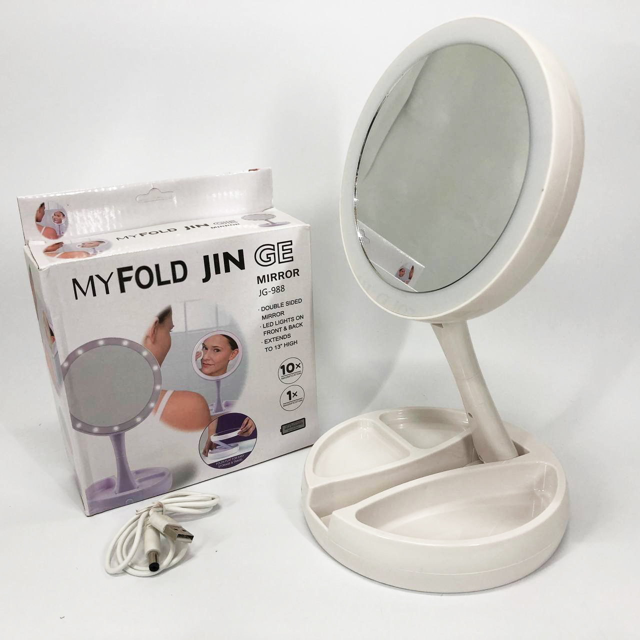 Складное зеркало для макияжа с Led подсветкой круглое увеличительное 10x My Fold Away Mirror. Цвет: белый