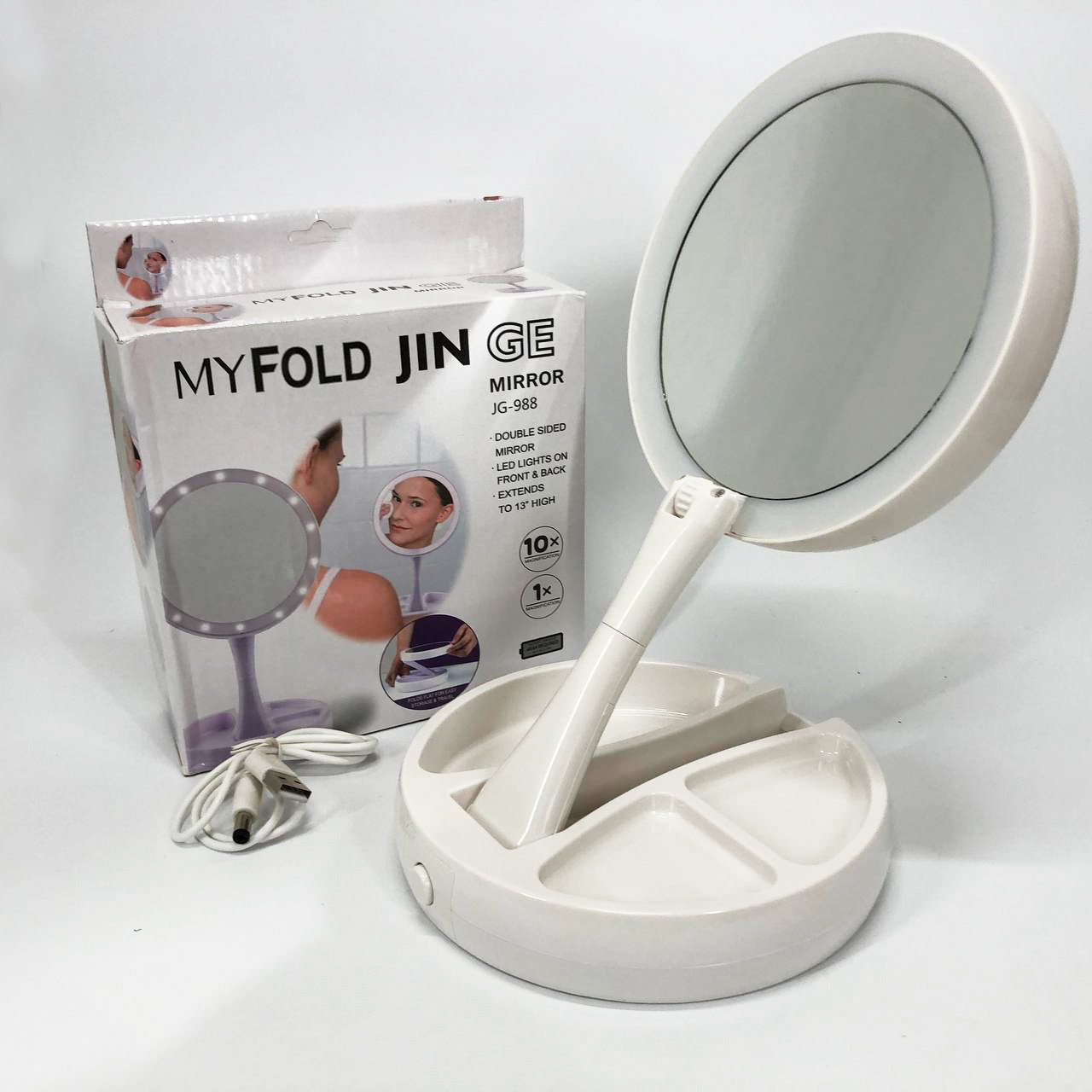 Складное зеркало для макияжа с Led подсветкой круглое увеличительное 10x My Fold Away Mirror. Цвет: белый