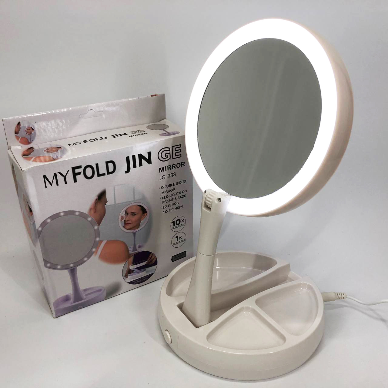Складное зеркало для макияжа с Led подсветкой круглое увеличительное 10x My Fold Away Mirror. Цвет: белый