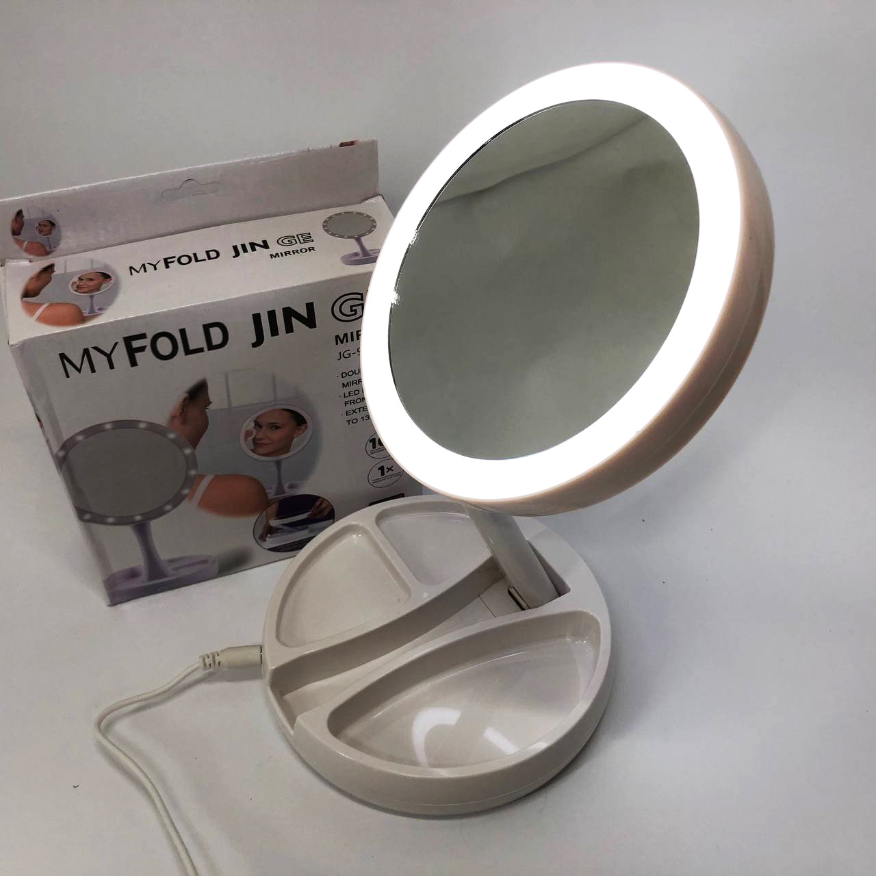 Складное зеркало для макияжа с Led подсветкой круглое увеличительное 10x My Fold Away Mirror. Цвет: белый
