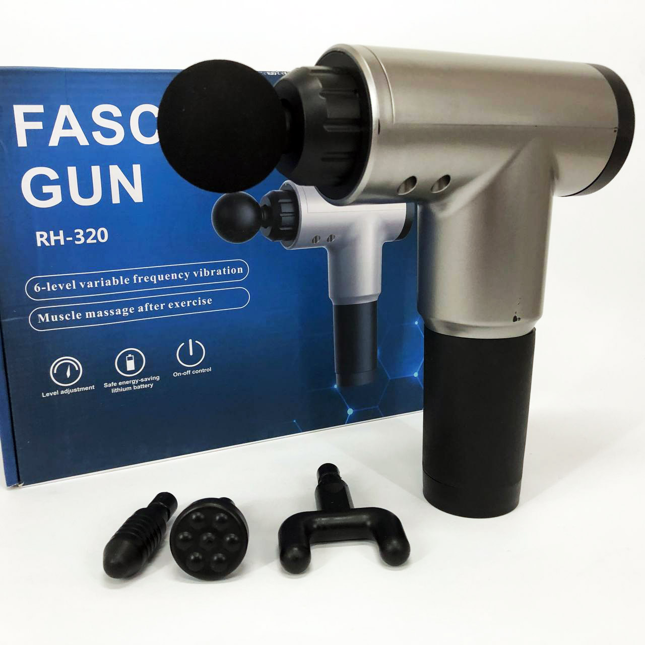 Аккумуляторный массажер Fascial Gun KH-320 портативный ручной ударный мышечный пистолет 4 насадки серый