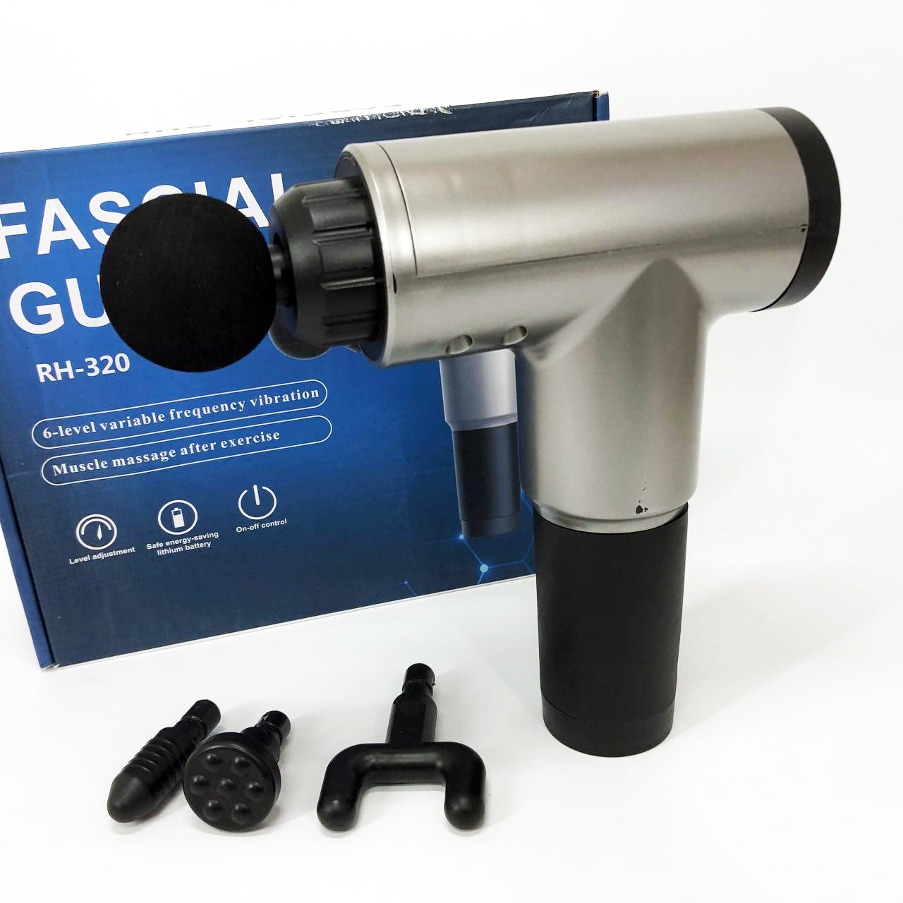 Аккумуляторный массажер Fascial Gun KH-320 портативный ручной ударный мышечный пистолет 4 насадки серый
