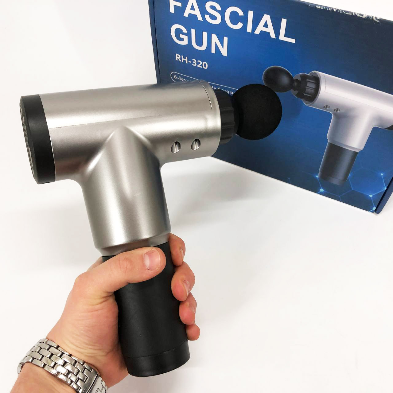 Аккумуляторный массажер Fascial Gun KH-320 портативный ручной ударный мышечный пистолет 4 насадки серый