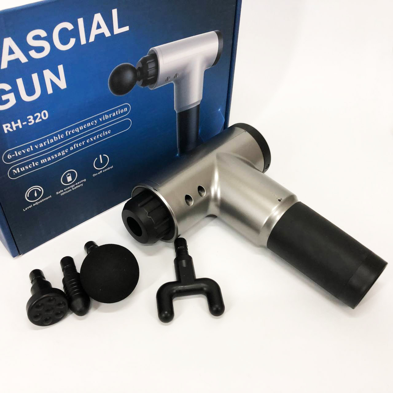 Аккумуляторный массажер Fascial Gun KH-320 портативный ручной ударный мышечный пистолет 4 насадки серый