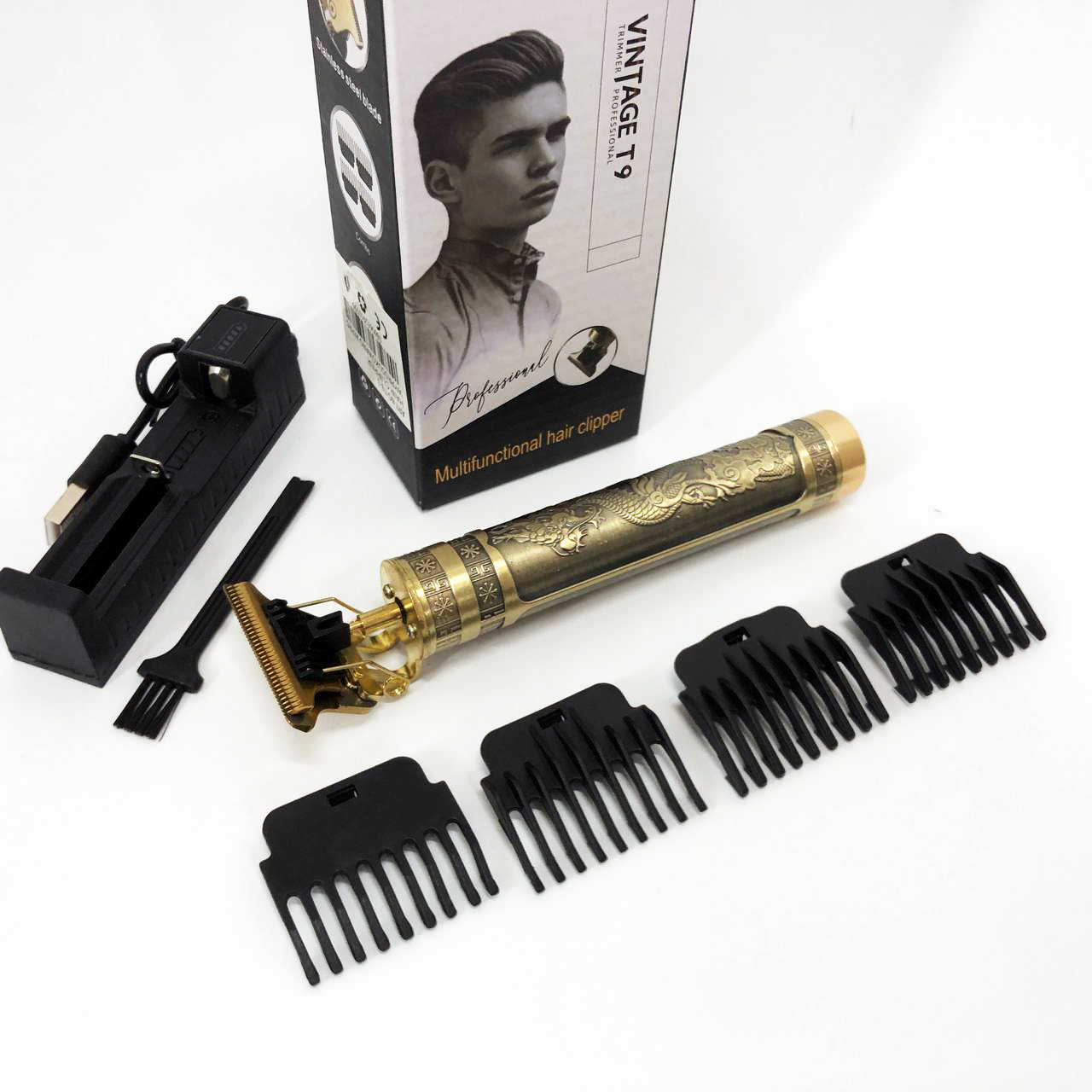 Машинка триммер для стрижки волос и бороды Vintage T9-3, 4 насадки
