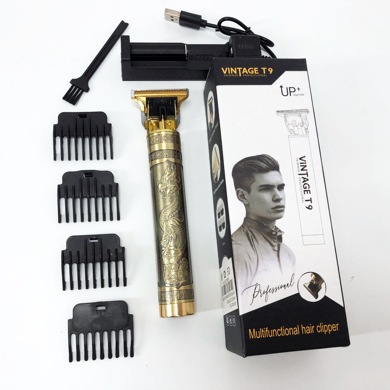 Машинка триммер для стрижки волос и бороды Vintage T9-3, 4 насадки