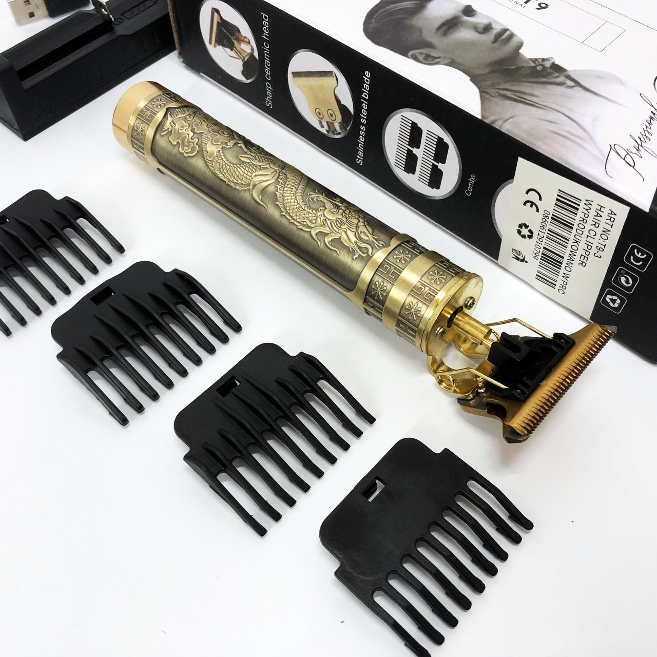 Машинка триммер для стрижки волос и бороды Vintage T9-3, 4 насадки