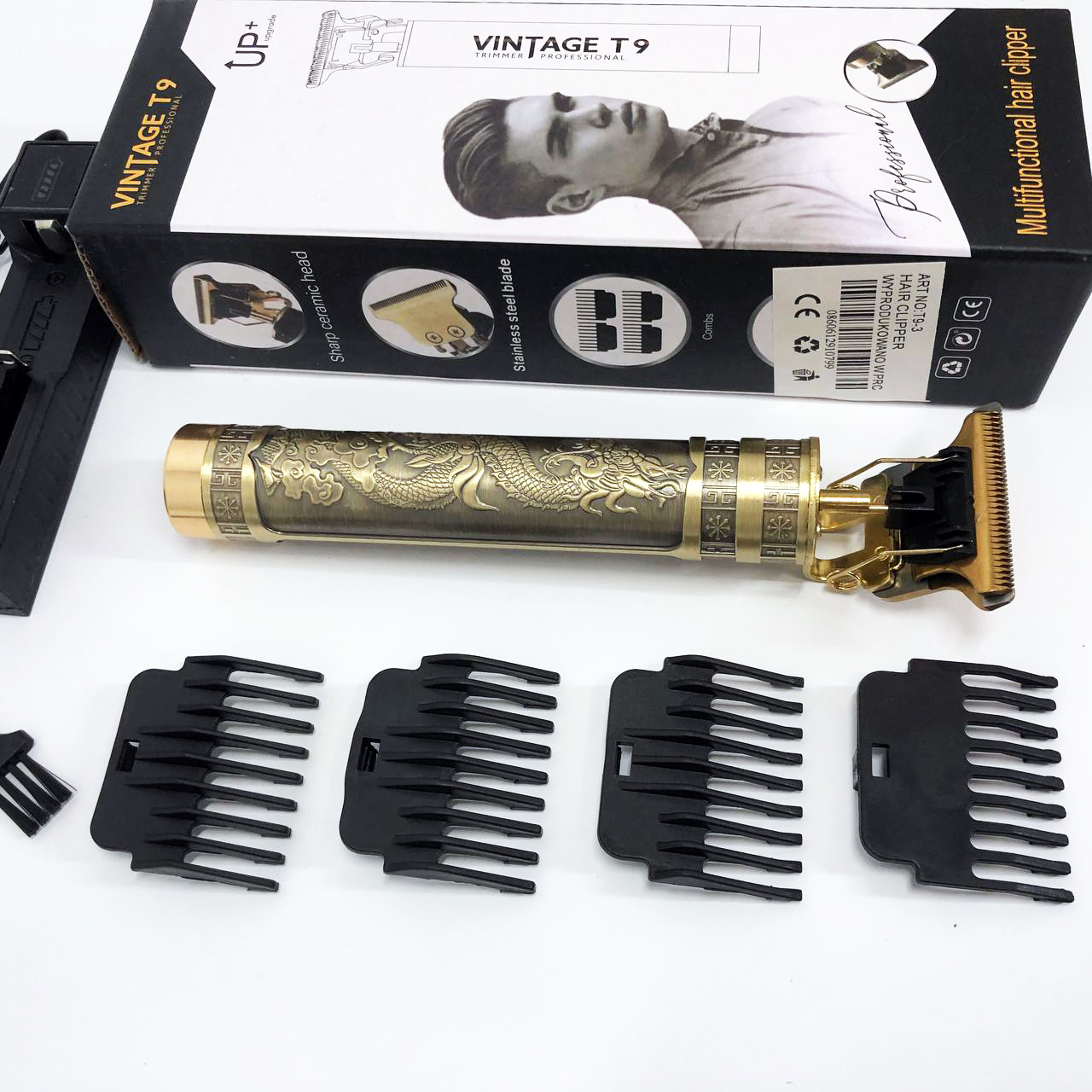 Машинка триммер для стрижки волос и бороды Vintage T9-3, 4 насадки