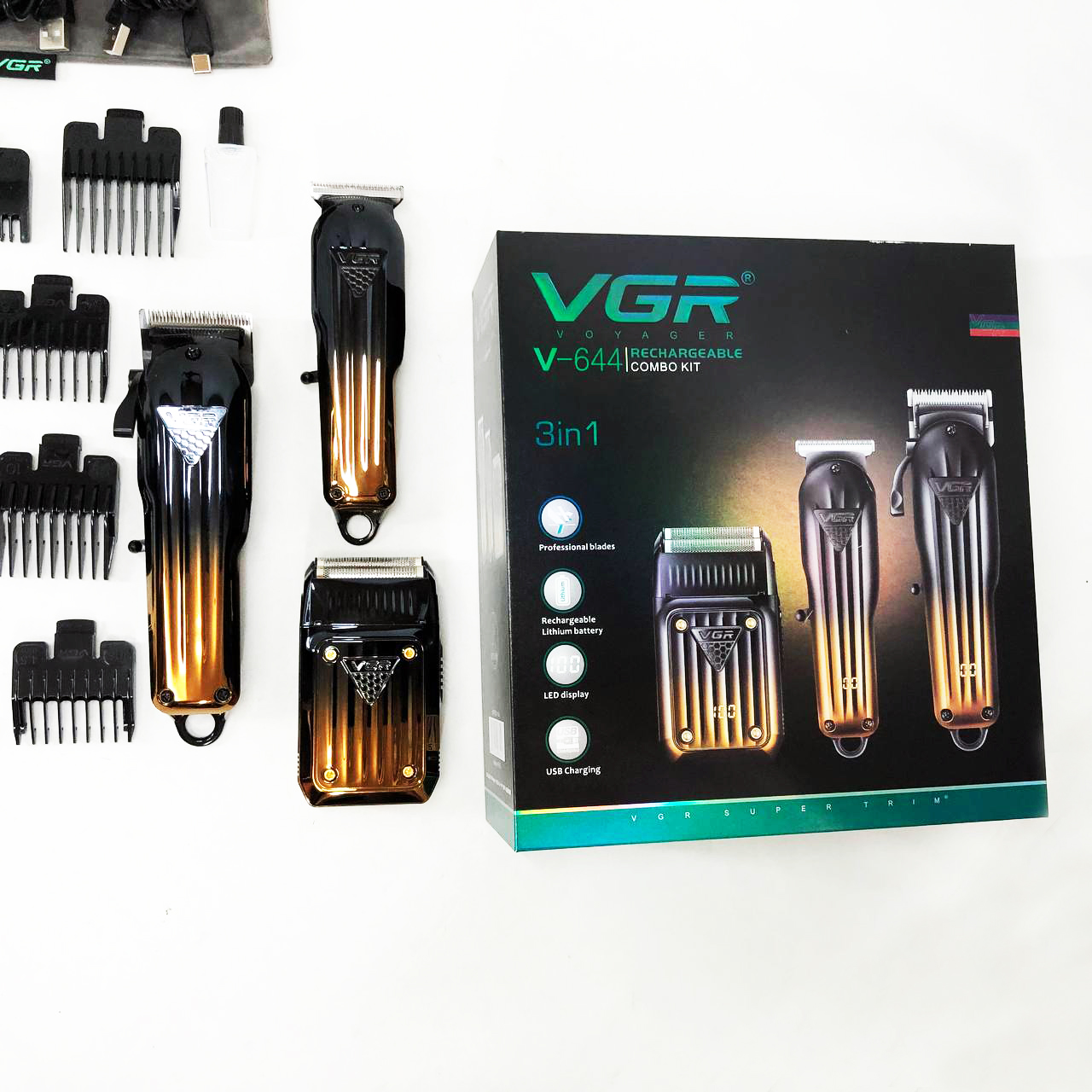 Комплект VGR 3 в 1 V-644 аккумуляторная машинка для стрижки, триммер и электробритва шейвер