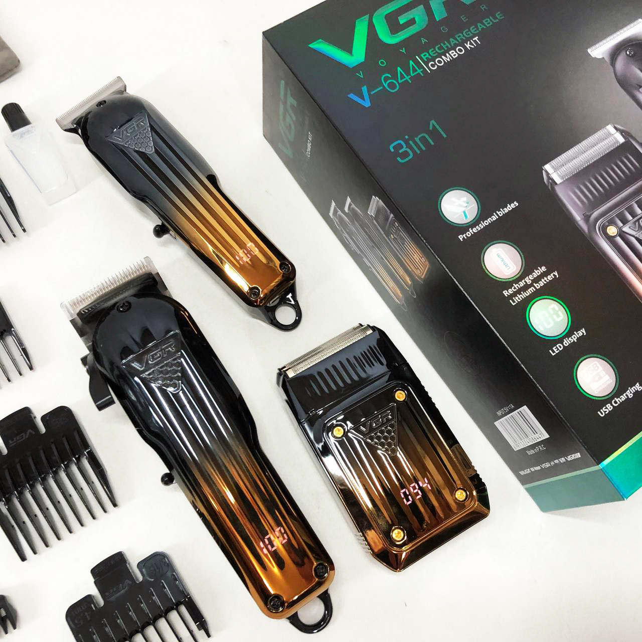 Комплект VGR 3 в 1 V-644 аккумуляторная машинка для стрижки, триммер и электробритва шейвер