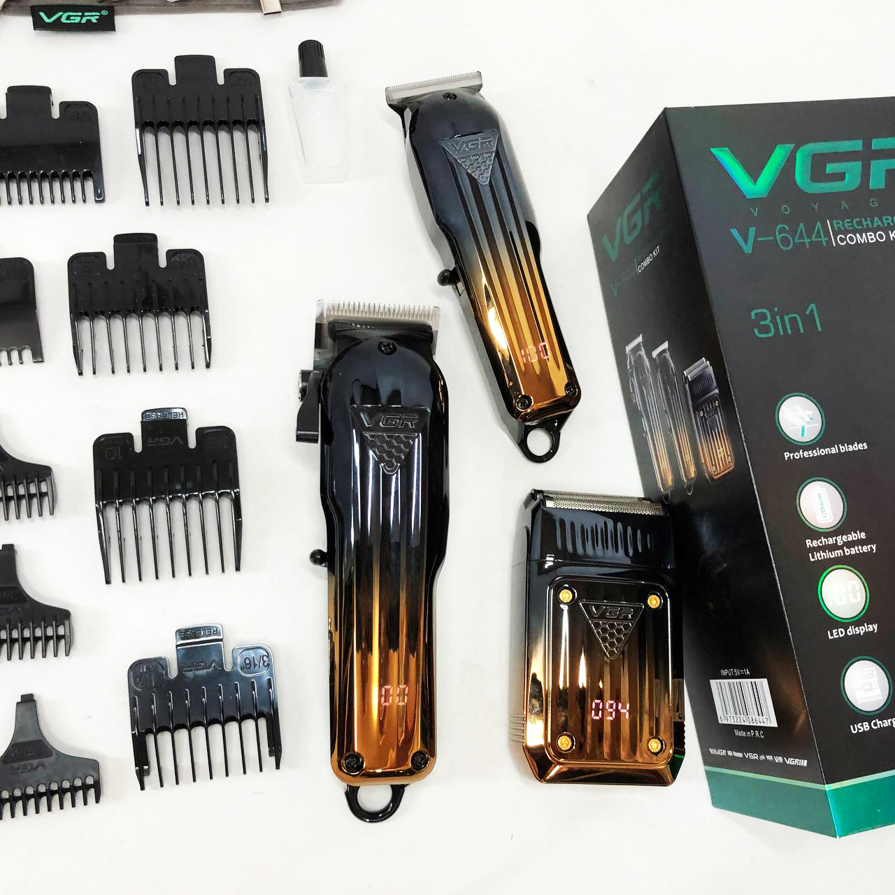 Комплект VGR 3 в 1 V-644 аккумуляторная машинка для стрижки, триммер и электробритва шейвер