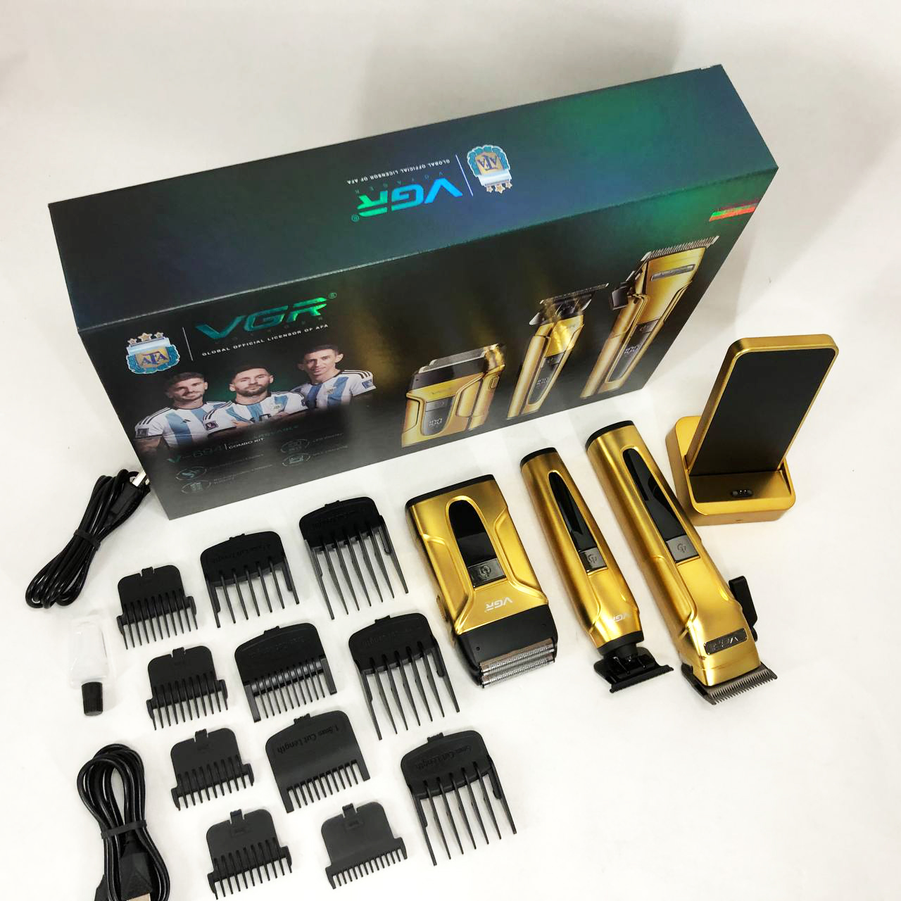Комплект 3 в 1 VGR V-694 аккумуляторная машинка для стрижки, триммер и электробритва шейвер. Цвет: золотой